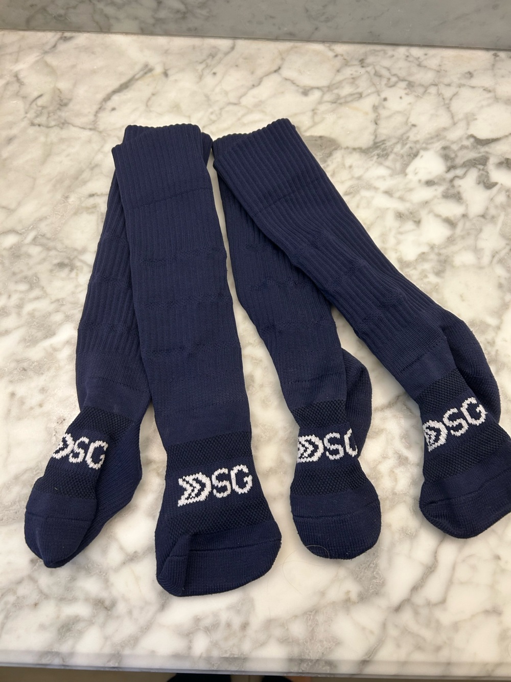 DSG Navy Blue Athletic Crew Socks with White Logo - two pairs soccer socks youth